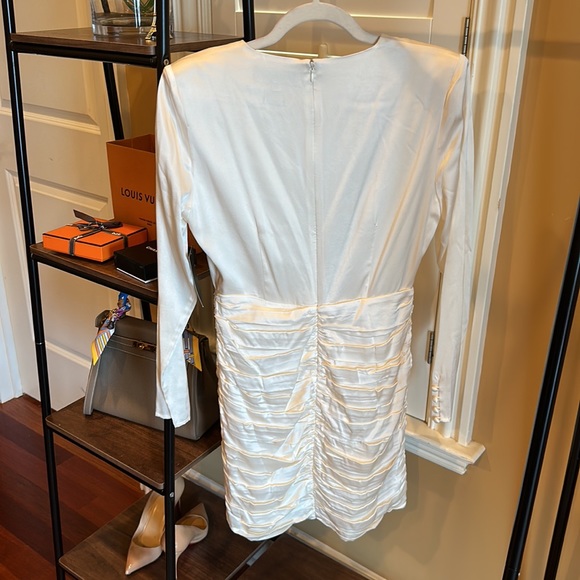 NWT RETROFETE Brea Satin Silk Deep V Plunge Ruched Ivory Dress, Sz M - Picture 9 of 11